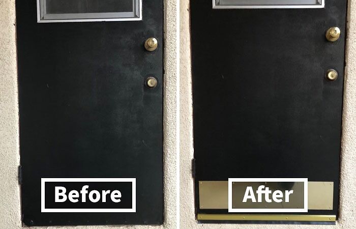 Before-and-after of a DIY door upgrade, emphasizing home improvements for not-handy people.