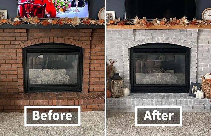 Before and after home DIY project for not-handy people, showcasing a brick fireplace transformation.