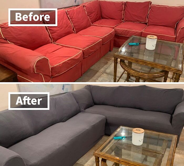 DIY couch transformation for not-handy people, showing a change from a red to grey cover in a living room setting.