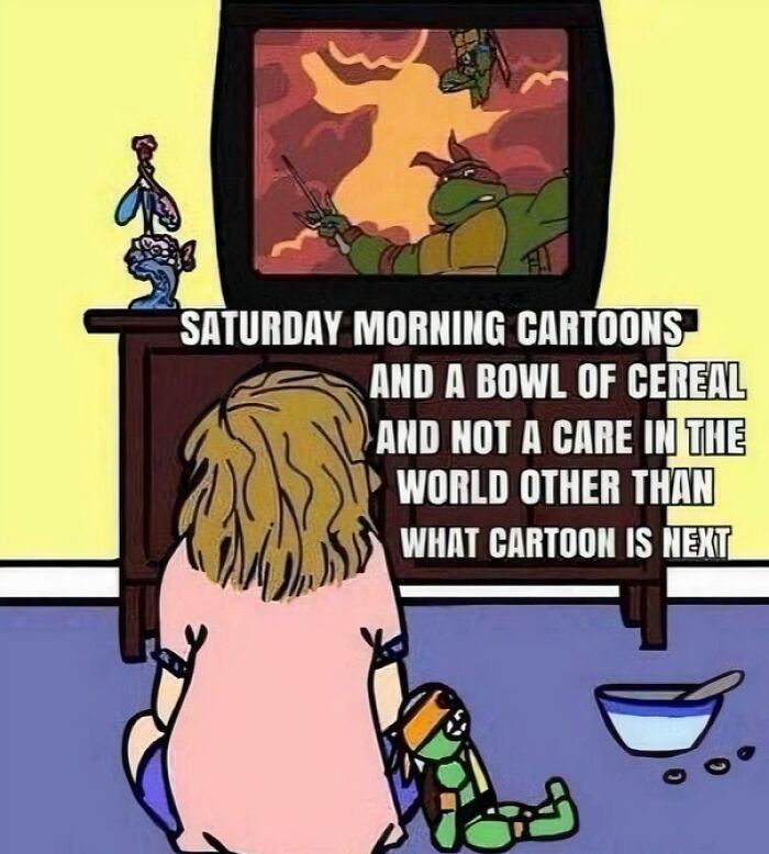 Childhood nostalgia with cartoons and cereal, featuring a kid watching TV and a toy on the floor.