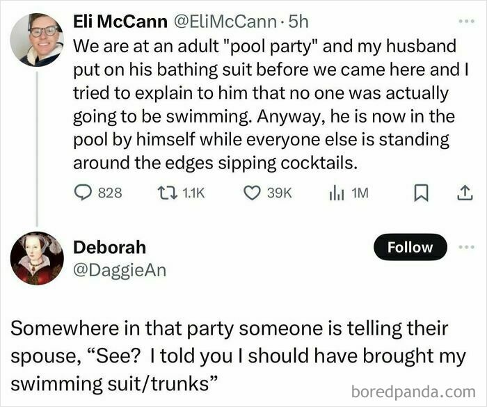 Funny meme about attending a pool party where only one person swims while others sip cocktails.