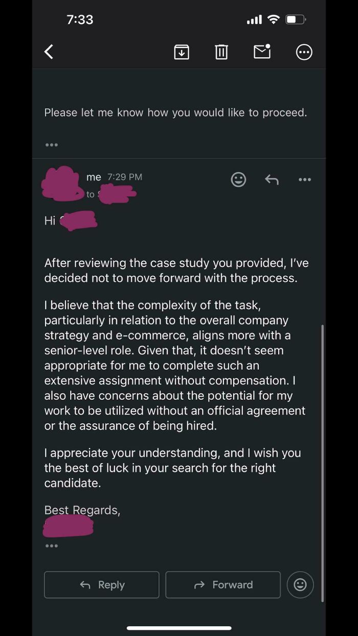 Email response screenshot highlighting recruiting challenges, discussing compensation and task complexity concerns.