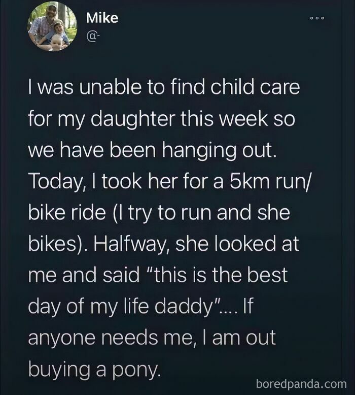 Text meme about a dad unable to find childcare, daughter enjoys a run, humor ensues about buying a pony.