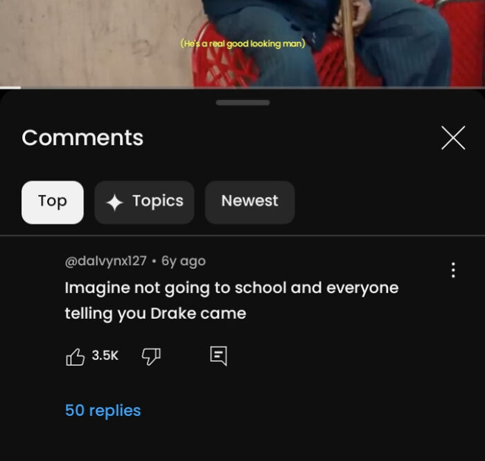 Screenshot showing a comment about missing school on a day Drake visited, related to the theme of future predictions aged bad.
