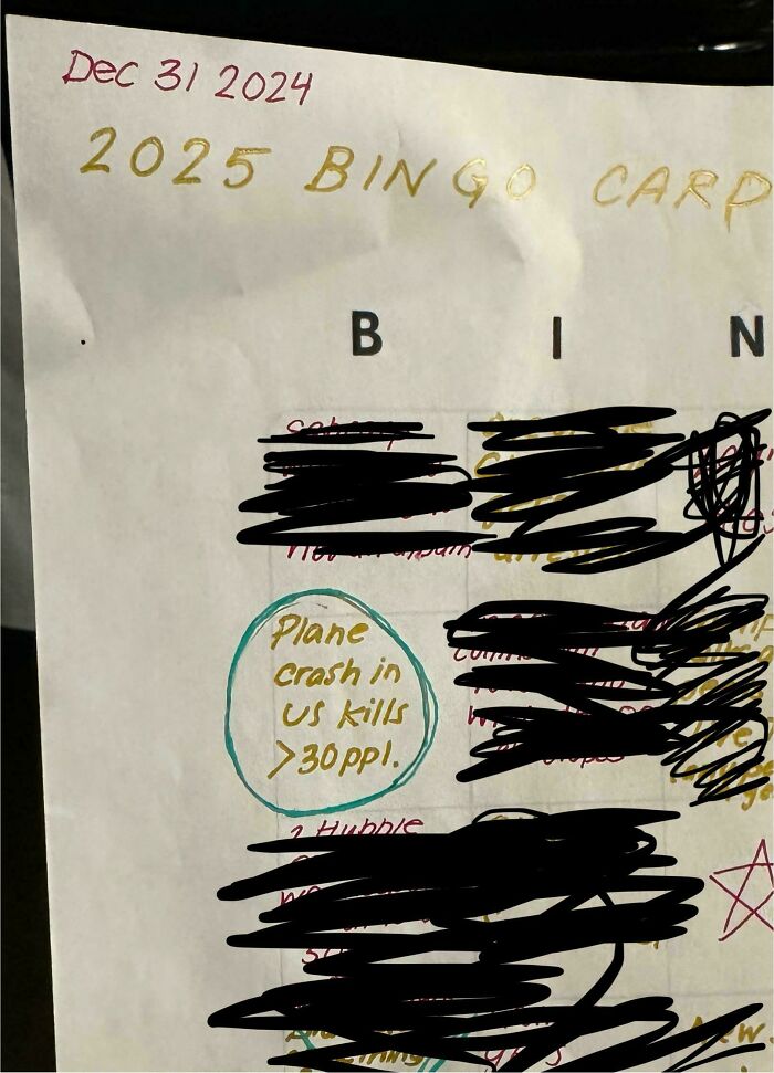 Bingo card dated Dec 31, 2024, with a prediction about a plane crash in the U.S. that kills over 30 people circled.