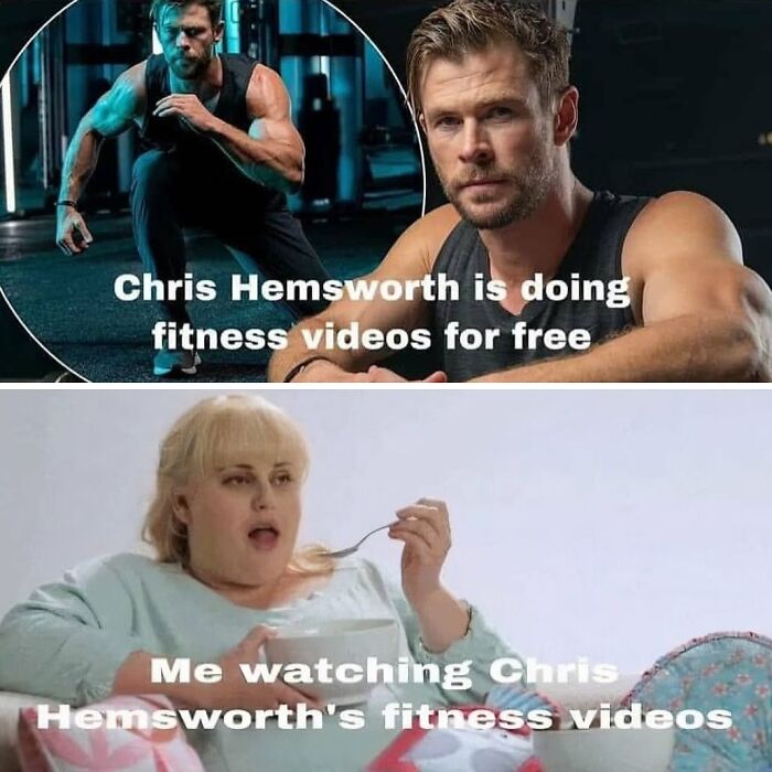 Chris Hemsworth offering free fitness videos; a woman watches while eating, humorously depicting dating in your 30s.