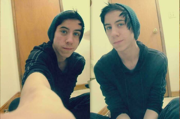 Two side-by-side selfies of a young man wearing a beanie, sitting on the floor, part of regrettable past cringe pics.