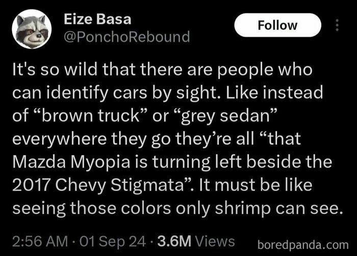 Text meme humorously comparing car identification to seeing unique colors only shrimp can see.