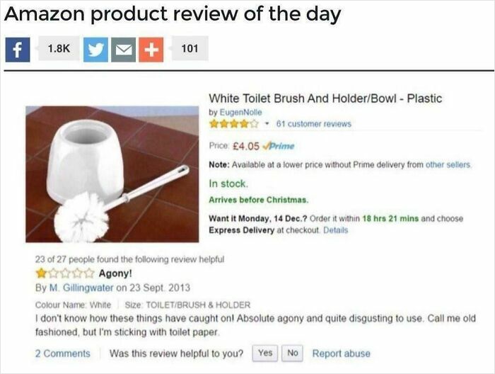 Funny review of a white toilet brush on Amazon, describing its use as agonizing and preferring toilet paper instead.