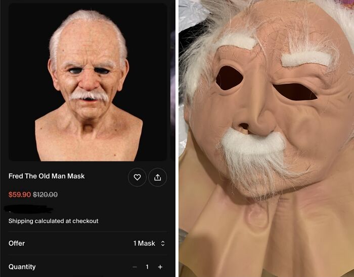 Low-quality old man mask purchased online, showing an advertising image on the left and a received product on the right.