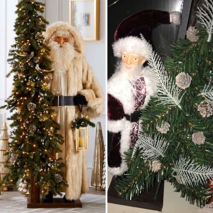 Low-quality items: a side-by-side comparison of Santa figures with Christmas trees, highlighting contrast in craftsmanship.