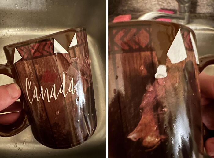 Peeling design on a brown mug labeled "Canada," illustrating low-quality items people bought.