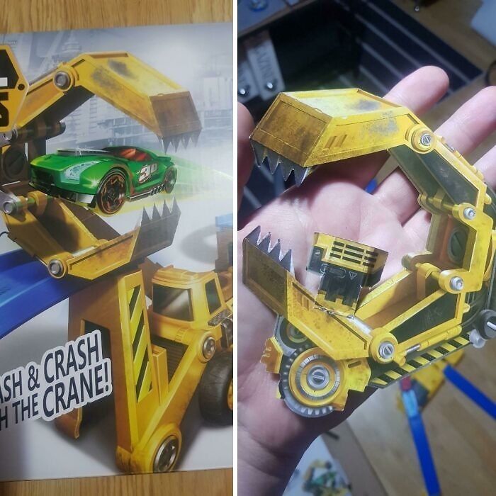 Crane toy part held in hand, illustrating low-quality items compared to the packaging image.