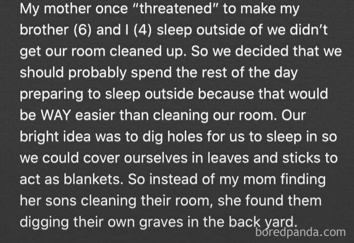 Text meme about kids preparing to sleep outside instead of cleaning room, with humorous ending.