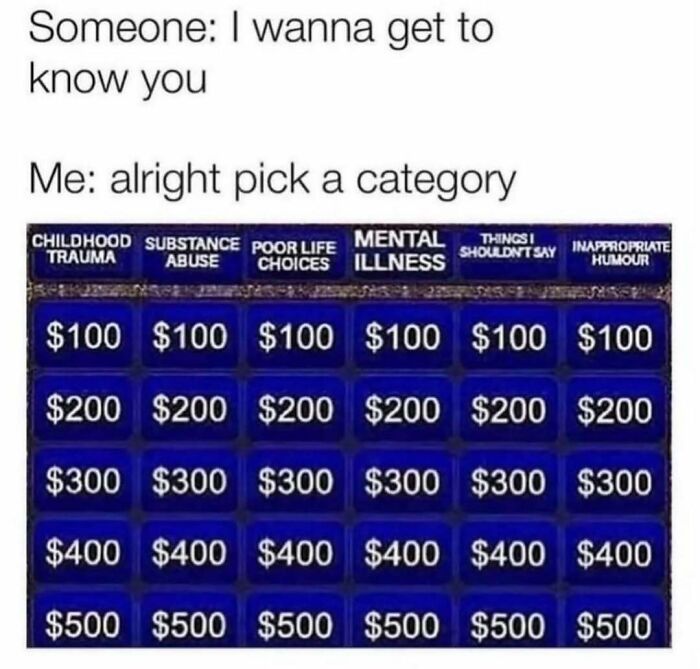 Jeopardy-style meme with categories like childhood trauma and inappropriate humor.