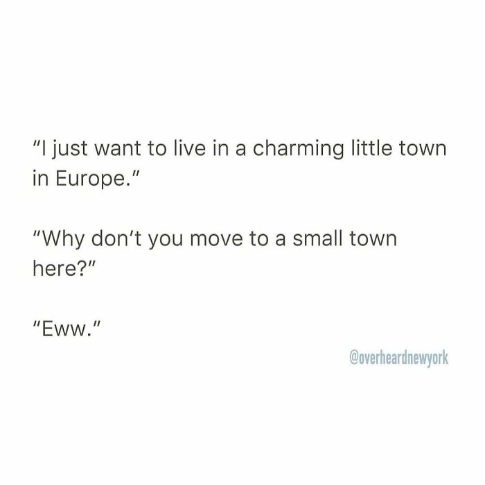 Text conversation illustrating one of the wildest NYC conversations where small towns are unfavorably compared.