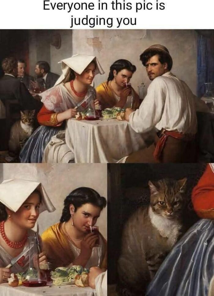 Three people and a cat in a classical art meme with judging expressions.