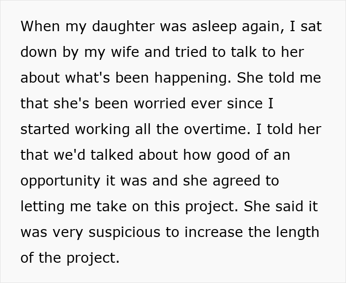 Text discussing overtime work and related worries, linked to infidelity accusations and personal tragedy. Text discussing overtime work and related worries, linked to infidelity accusations and personal tragedy.