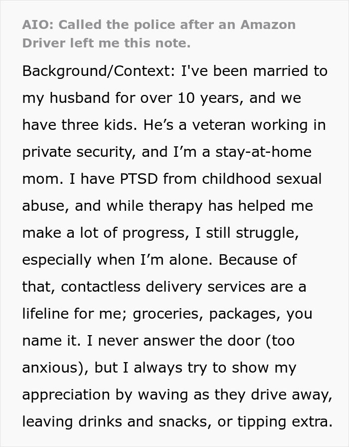 Text note from an Amazon driver prompting a response involving contact with police due to its content.