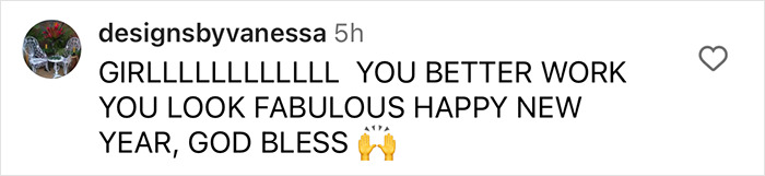 Instagram comment praising Lizzo, celebrating her fabulous look and wishing a happy new year. Instagram comment praising Lizzo, celebrating her fabulous look and wishing a happy new year.