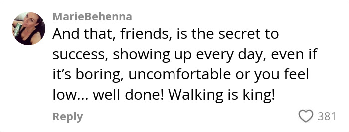 "Comment praising mom's weight loss transformation after daily walking routine. "Comment praising mom's weight loss transformation after daily walking routine.