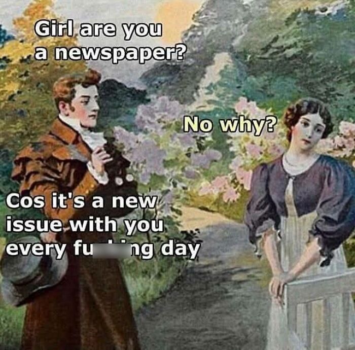 Classical art meme with a man and woman conversing humorously about newspapers and issues.
