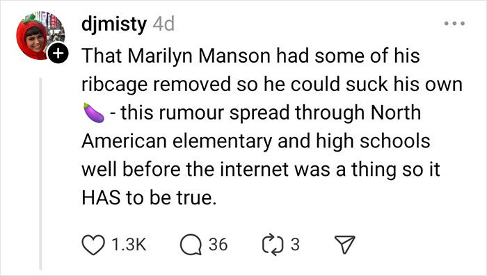 Social media comment about a celebrity rumor involving ribcage removal, showing interactions with likes and replies.