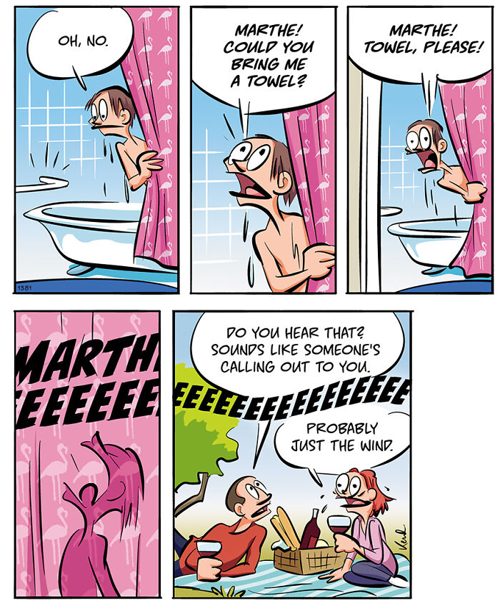 Cartoon of Kenneth Larsen and best friend Martha chatting in a snowy street, discussing winter fashion choices.