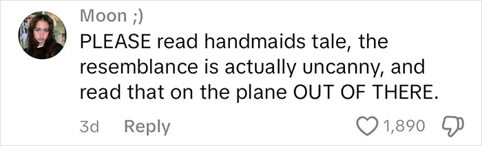 Comment referencing "The Handmaid's Tale" and advising to read it, with a high number of likes.