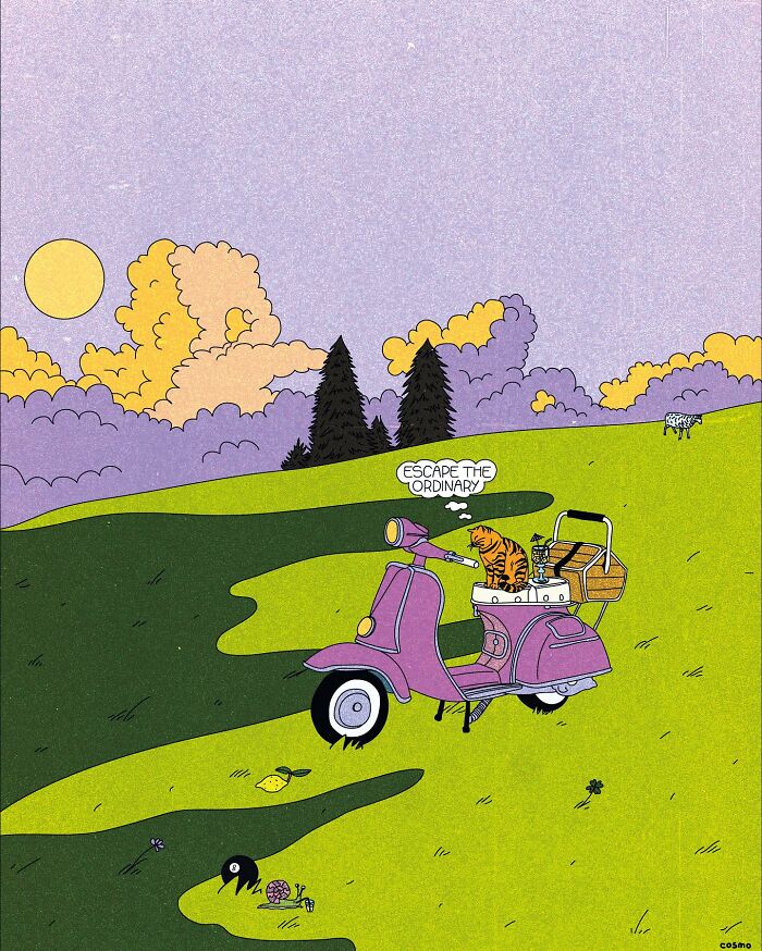 A vibrant illustration of a cat on a scooter in a colorful landscape, depicting humor and sarcasm with "Escape the Ordinary!"