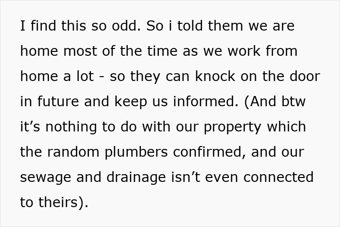 Text about plumbers in a private yard, mentioning work-from-home situation and disconnected drainage systems.