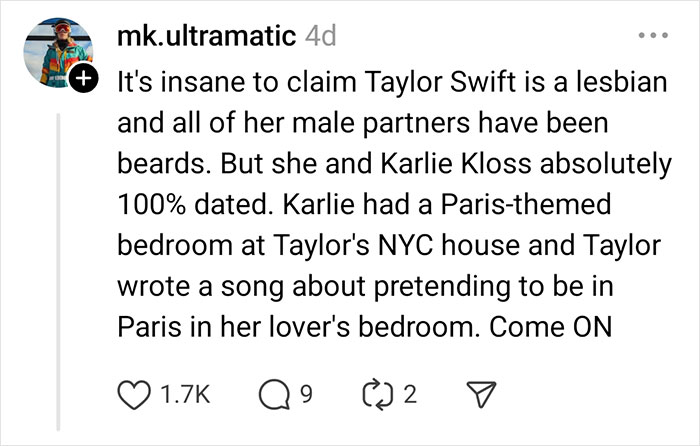 Social media post discussing celebrity rumors involving Taylor Swift and Karlie Kloss, gaining significant engagement.