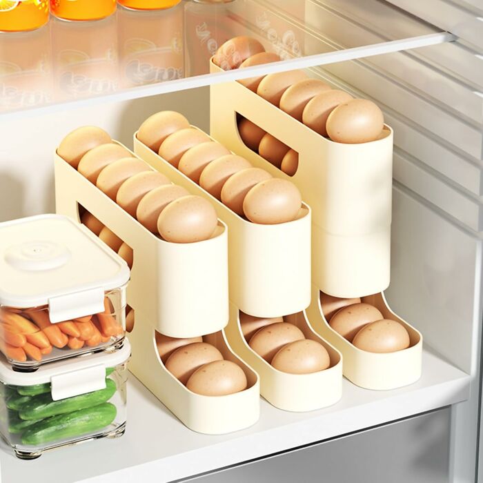 Organized fridge with egg holders and containers, showcasing products to reinvent storage.