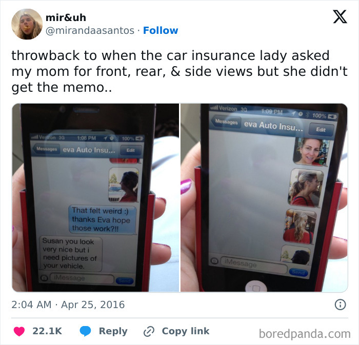 Text exchange showing a hilarious misunderstanding with photos of a person instead of a car for insurance.