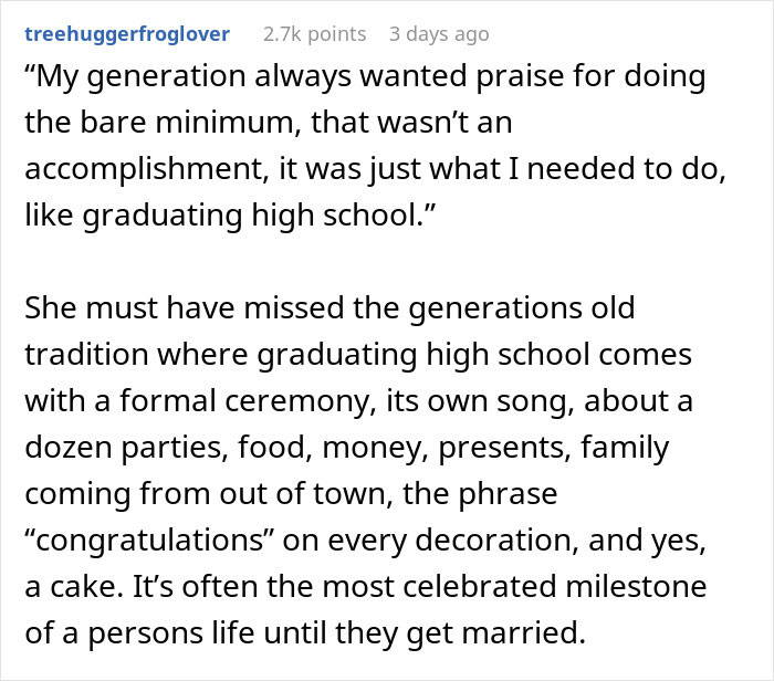 A comment discussing recognition for achievements and generational expectations. A comment discussing recognition for achievements and generational expectations.