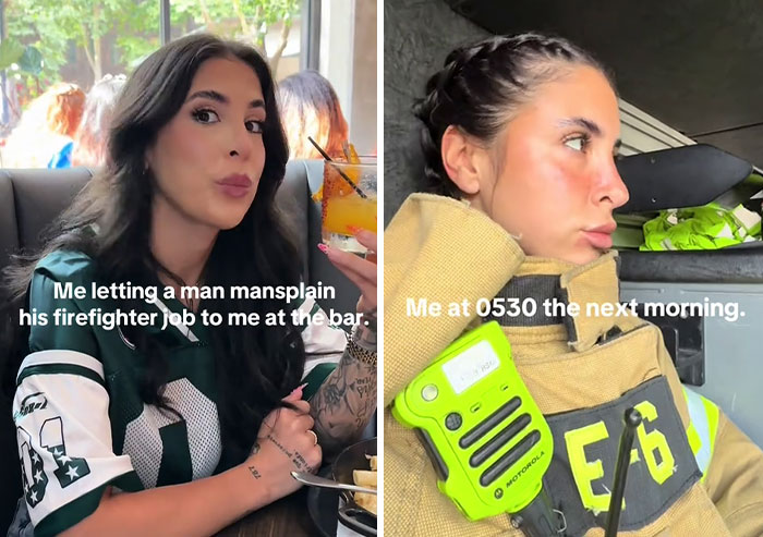 Woman in a bar listening to mansplaining, then in firefighter gear the next morning as part of TikTok trend.