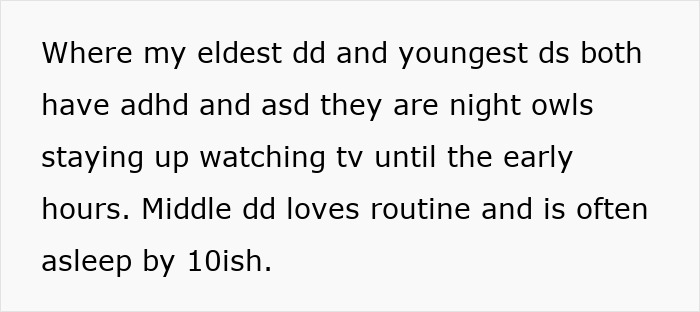 Text about family dynamics related to sleep routines, mentioning ADHD and ASD, connected to squatters rights family home.