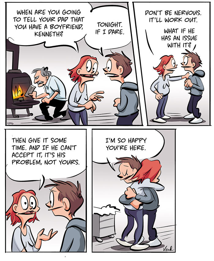 Cartoon of a chaotic kitchen scene with Kenneth Larsen and his best friend Martha.