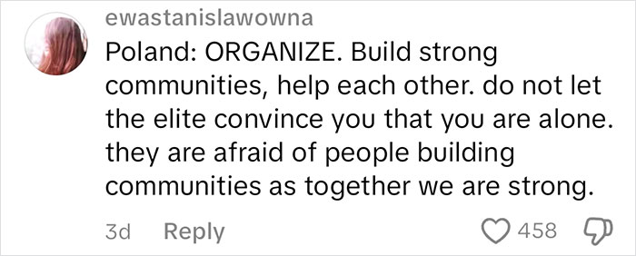 Instagram comment advising Americans to organize and build strong communities, stressing unity against elite influence.