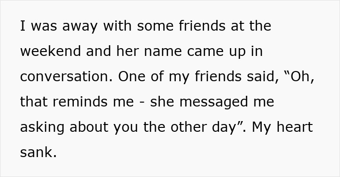 Text about a woman&rsquo;s persistent ex-friend contacting acquaintances for updates after 7 years.