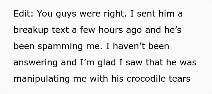 Text message about breakup, highlighting manipulation and spam.