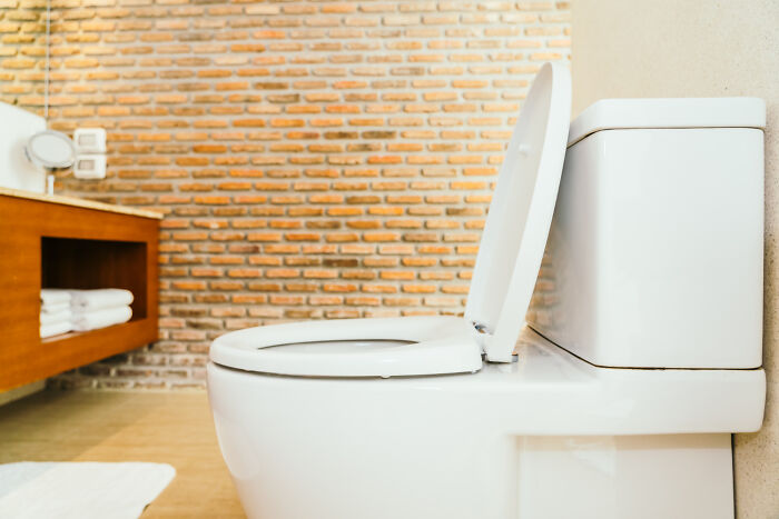 Bathroom with modern toilet, focusing on strict house rules for cleanliness, featuring a brick wall and wooden vanity.