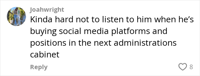 Comment highlighting the influence of wealth on social media and politics. Comment highlighting the influence of wealth on social media and politics.