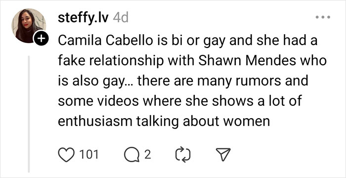 Screenshot of a social media comment about celebrity rumors involving Camila Cabello and Shawn Mendes.