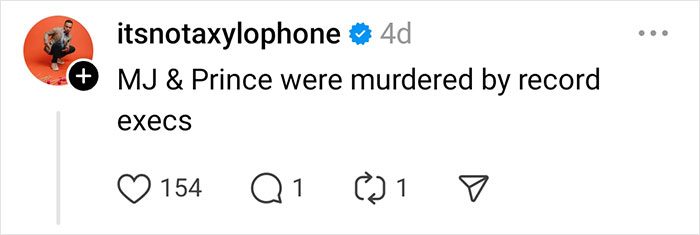 Social media post about a celebrity rumor involving MJ and Prince with engagement stats.