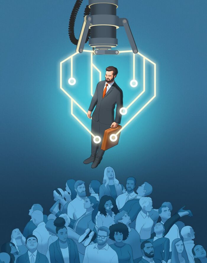 Illustration of a man in a suit with a briefcase, suspended above a crowd, symbolizing political and social themes.