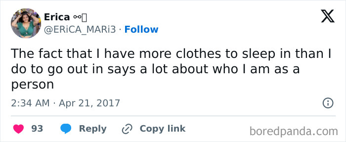 Tweet about having more sleep clothes than going-out outfits, humor in moms' and women's fashion choices.