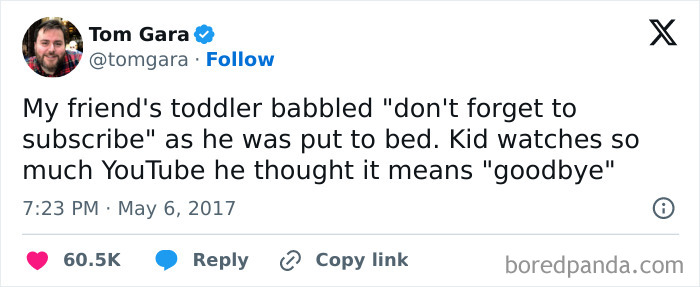 Tweet humorously captures a toddler's confusion with YouTube language; a light moment on dumb-clueless-kids.