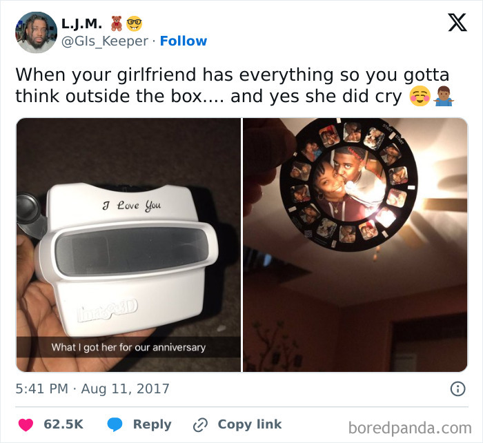 Funny wholesome anniversary surprise using a retro photo viewer with personal pictures, bringing joyful tears.