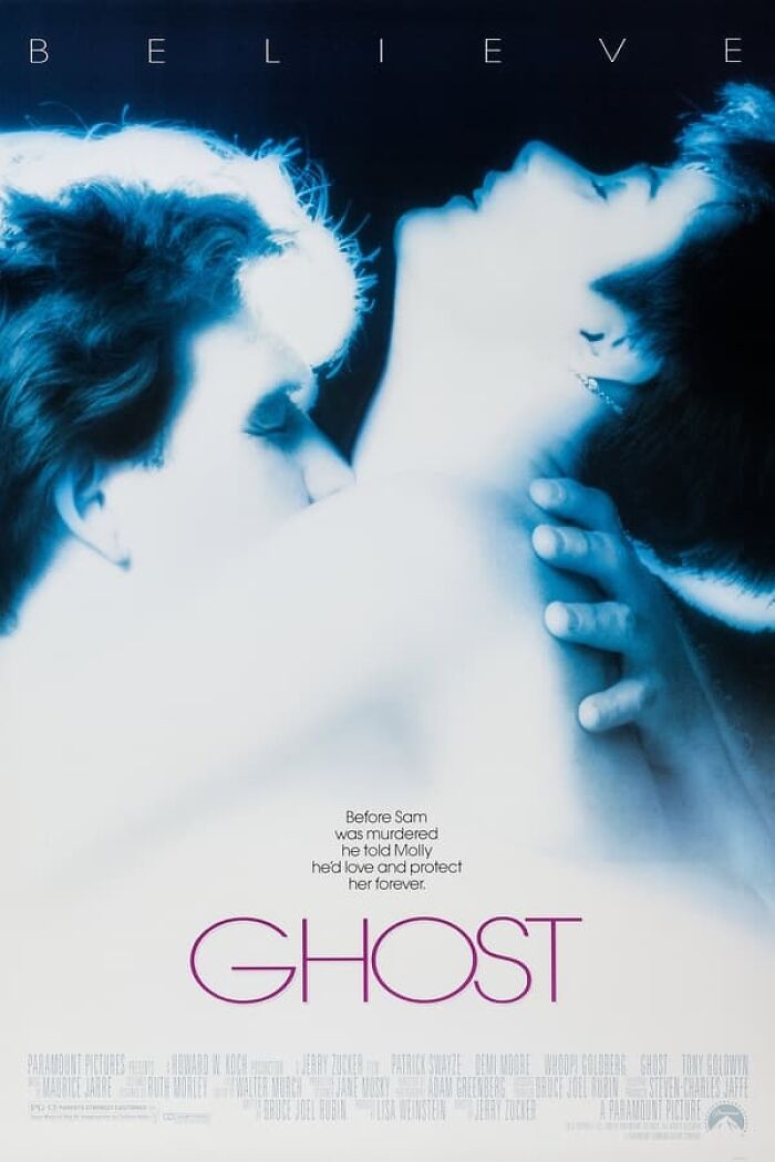 Movie poster of "Ghost" featuring a romantic embrace, representing Best Nostalgia Movies.
